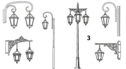 Naklejka premium a close up of a group of street lights on a white background, Poles, lampposts, Street lamps, street lamps, street lanterns, street lighting, Street lighting, Street lighting, large beautiful street l