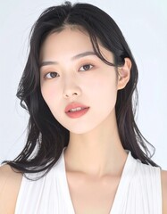 Fototapeta premium 日本人, 超リアル, 美しい若い女性, 長い黒髪, 自然なメイク, 白いキャミソール, 肌が輝く, 顔に手を添えている, クローズアップ, 柔らかなライティング, 美容広告風, スタジオ背景（白）, 高解像度 Japanese, ultra-realistic, beautiful young woman, long black hair, natural makeup