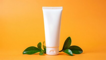 White Tube of Cosmetic Cream with Green Leaves on Bright Background for Skin Care and Natural Beauty Promotion