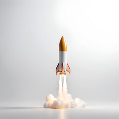 A minimalistic cute rocket launches upwards against a white background, symbolizing hope, ambition, and new beginnings, with a bright light tone and a blurred empty space that enhances the sense of po