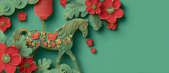 Happy new year 2026 the horse zodiac sign with flower, lantern, Asian elements on Green background. Elegant golden horse silhouette paper-cut style on green background for Happy Chinese new year 2026