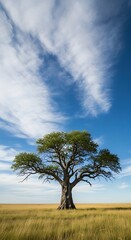 Obraz premium Majestic solitude of a solitary tree in a vast grassland under a blue sky