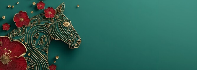 Happy new year 2026 the horse zodiac sign with flower, lantern, Asian elements on Green background. Elegant golden horse silhouette paper-cut style on green background for Happy Chinese new year 2026
