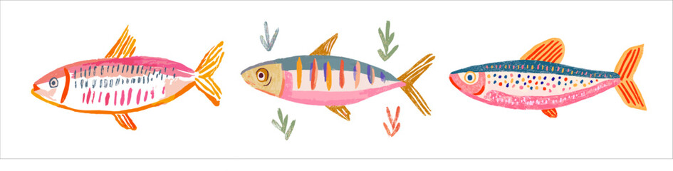 Sardines . Amalfi.  Colorful vector illustration of three sardines in hand-drawn style, isolated on transparent background. Great for seafood, packaging, Mediterranean, and culinary design projects.

