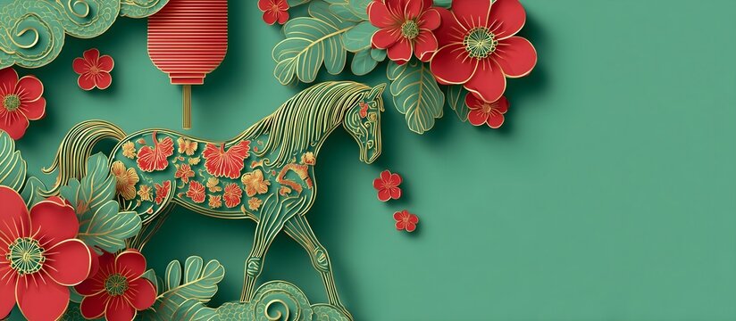 Happy new year 2026 the horse zodiac sign with flower, lantern, Asian elements on Green background. Elegant golden horse silhouette paper-cut style on green background for Happy Chinese new year 2026 - Powered by Adobe