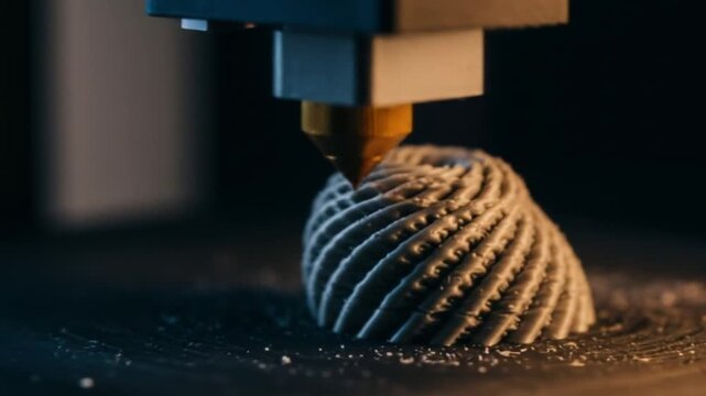Close up of a three d printer creating a textured spherical object with visible layers and fine detail