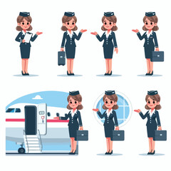 image of a flight attendant welcoming passengers at the airplane door with a simple and minimalist flat design using a white background