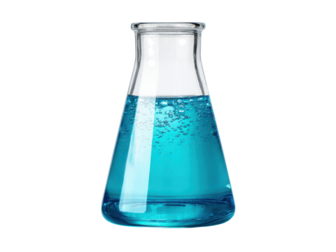 Clear glass flask containing blue liquid with bubbles image, Png Transparent, Isolated on White