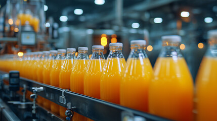Bottled Bliss: A symphony of freshly squeezed, sunny orange juice bottles line the production line, embodying the essence of healthy nourishment and refreshing delight.