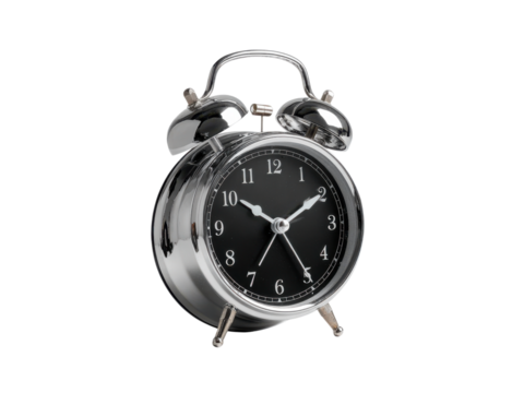 Shiny chrome twin bell alarm clock with black face image, Png Transparent, Isolated on White