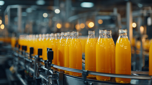 Industrial Juices: A line of glass bottles, filled with vibrant orange juice, moves seamlessly along a conveyor belt, showcasing the precision of industrial production in a well-lit facility.