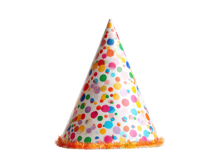 Festive conical party hat with colorful polka dots and orange fringe birthday celebration, Png Transparent, Isolated on White