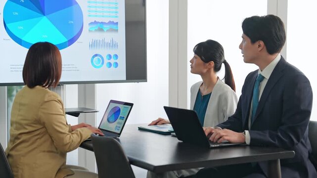 A group of business people having a meeting while looking at a large screen monitor