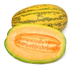 Melon whole and slices isolated on white background