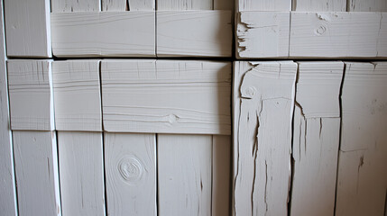 Old shabby, breakaway white paint from the wooden structure in the apartment. Old paint layers