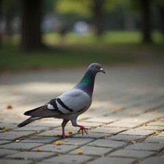Obraz premium Gray pigeons and doves with feathers on the ground in a city park