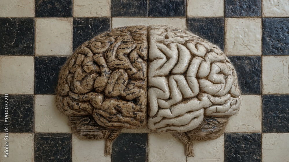 Poster chessboard concept blending with human brain texture creates visual representation of strategy and t