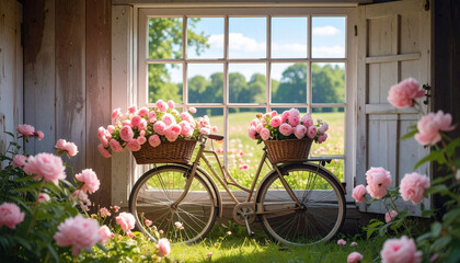Fototapeta premium Vintage Bicycle Basket Overflowing with Peonies . Wedding Concept. Generated Image