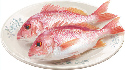 Modern illustration of two pink fish on cream plate, digital art style, isolated on transparent background 
