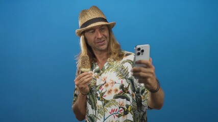 Blond man wearing straw hat holds icecream and takes selfie with smartphone in studio; holiday joy vacation bliss. - Powered by Adobe