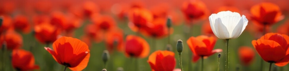 Ocean of red poppies, solitary white poppy blooms, unique, poppies, bloom