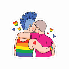 Two people hugging with pride colors symbolizing love and equality