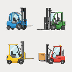 Four Colorful Forklifts Ready for Warehouse Work and Logistics
