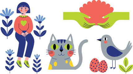 Collection of naive art style vector illustrations for Easter and Spring, featuring playful rabbits, 