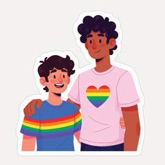Obraz premium Two smiling boys wearing rainbow striped shirts with pride hearts
