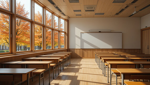 Modern wooden classroom with large windows and autumn leaves view, warm sunlight filling the empty space, tranquil learning environment with natural interior design
