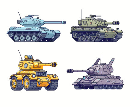 Four Distinct Pixel Art Military Combat Vehicles Illustrated in Detail
