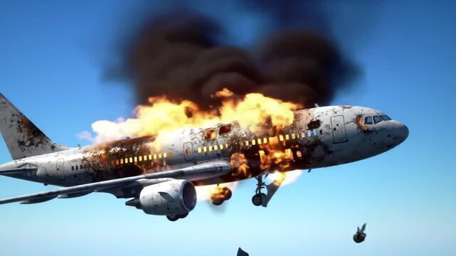 Dramatic Depiction of a Passenger Airplane Exploding and Burning Mid-Air During a Catastrophic Crash