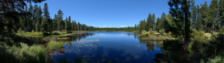 Obraz premium Panoramic view of serene lake surrounded by forest hdr 360 degrees nature landscape