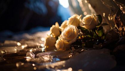 Frozen Bouquet in Glacier Crevasse Blue Light
. Wedding Concept. Generated Image