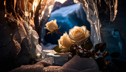 Frozen Bouquet in Glacier Crevasse Blue Light
. Wedding Concept. Generated Image