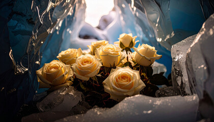 Frozen Bouquet in Glacier Crevasse Blue Light
. Wedding Concept. Generated Image