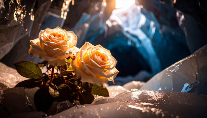 Frozen Bouquet in Glacier Crevasse Blue Light
. Wedding Concept. Generated Image