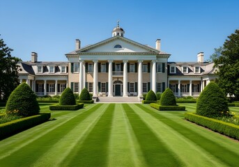 Obraz premium Grand Neoclassical Mansion, Lush Green Lawns, Sunny Day, Serene Estate, Architectural Excellence.