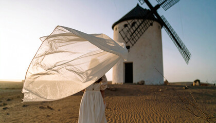 Silk Ribbons Tied to Desert Windmill Blades
. Wedding Concept. Generated Image