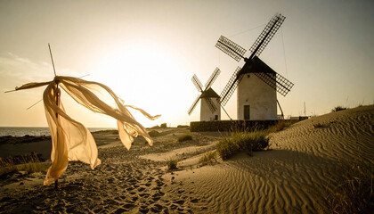 Silk Ribbons Tied to Desert Windmill Blades
. Wedding Concept. Generated Image