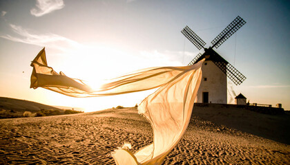 Silk Ribbons Tied to Desert Windmill Blades
. Wedding Concept. Generated Image