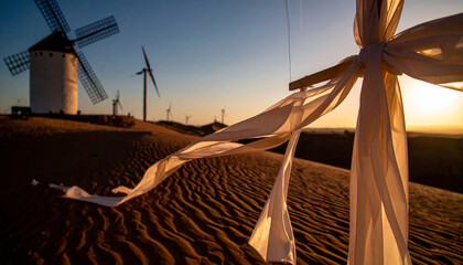 Silk Ribbons Tied to Desert Windmill Blades
. Wedding Concept. Generated Image