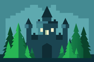 Obraz premium Mysterious dark castle surrounded by evergreen trees at dusk