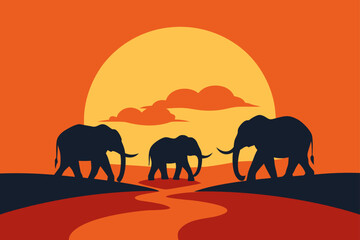 Fototapeta premium Silhouette of elephants walking across a river at sunset