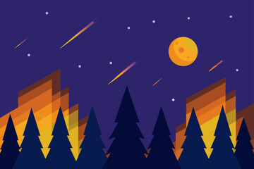 Fototapeta premium Stylized night landscape with moon stars and shooting stars over trees