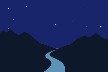 Obraz premium Serene night landscape with winding river and starry sky