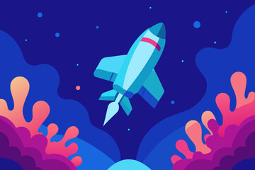 Naklejka premium Stylized rocket ascending through a cosmic landscape