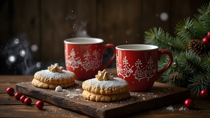 A festive winter setup with red and white holiday mugs on a wooden table, steam rising into the air, surrounded by pine branches, fairy lights, and powdered sugar dusted cookies for a cheerful holiday