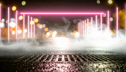 Neon Sign in Rain Slicked City Alley. Wedding Concept. Generated Image