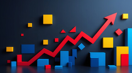 Abstract data visualization with vibrant geometric shapes, symbolizing business analytics on a dark background, a business graph with an arrow